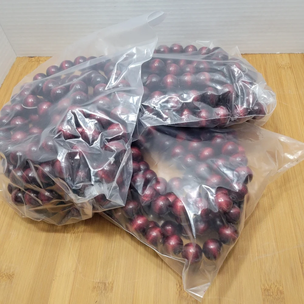 Set of 3 Strands of Cranberry Color Wooden Bead Garland Christmas Decor, 9' each